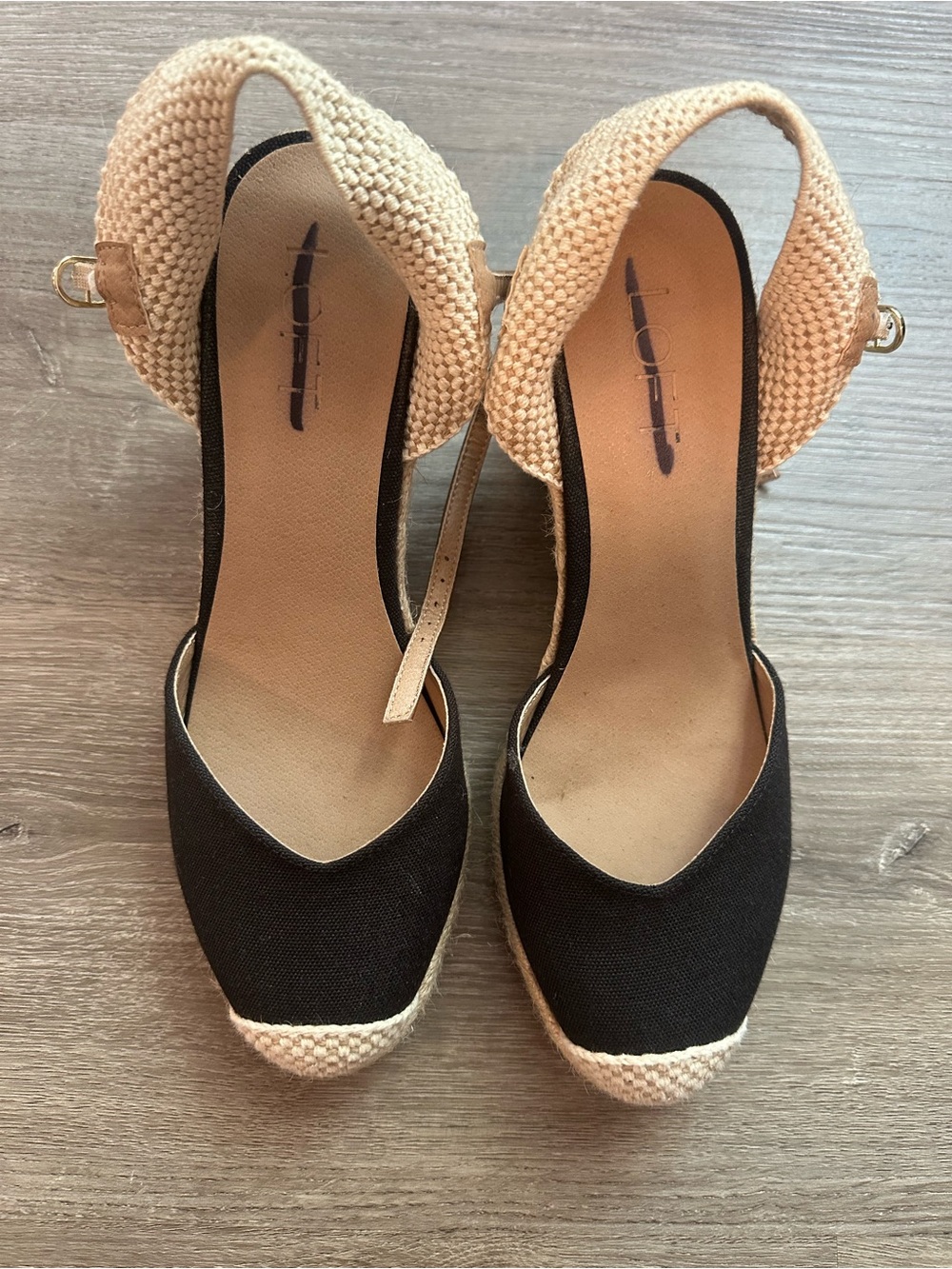 LOFT Black and Beige Espadrille Wedge Sandals